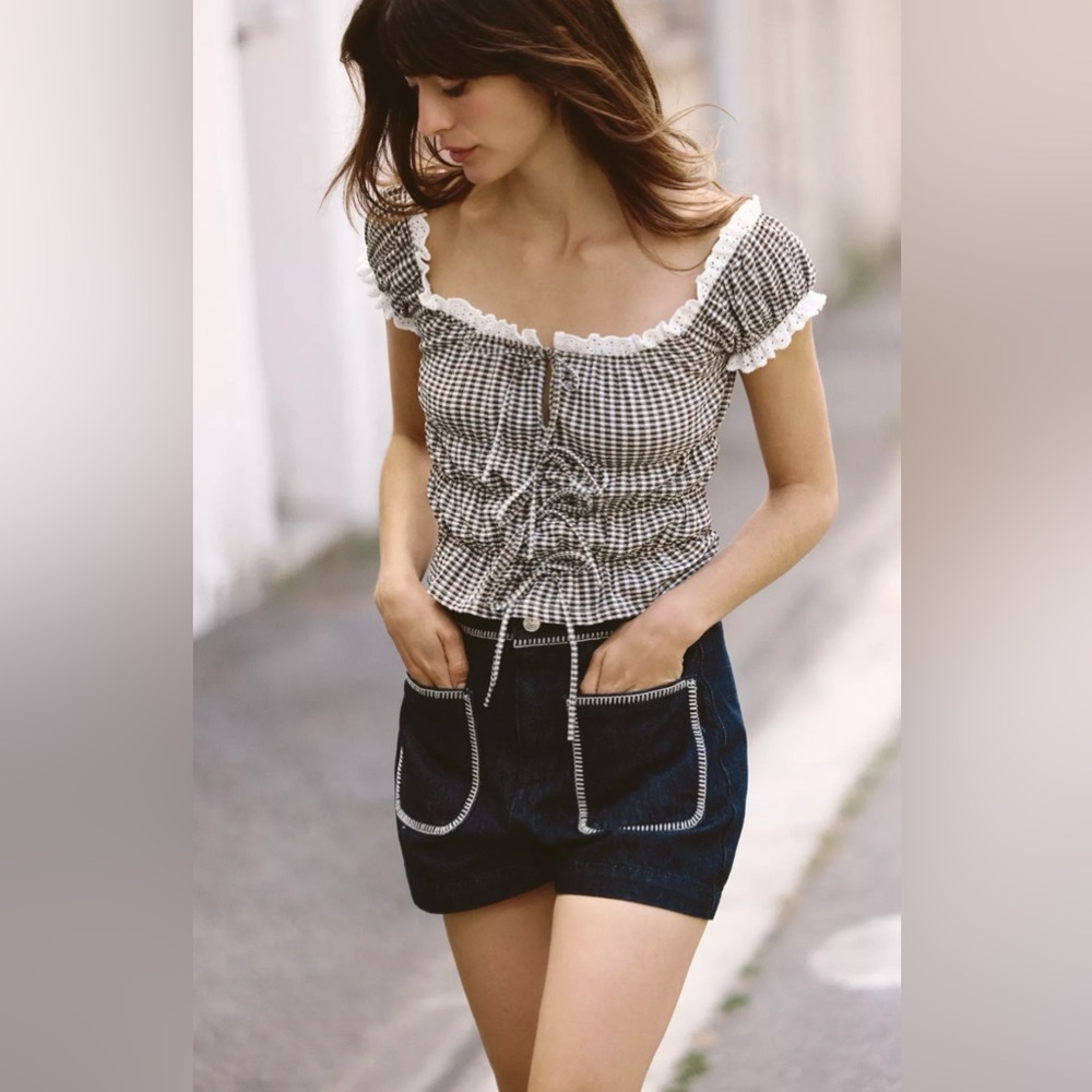 NWT ZARA Womens Gingham Lace Top size M